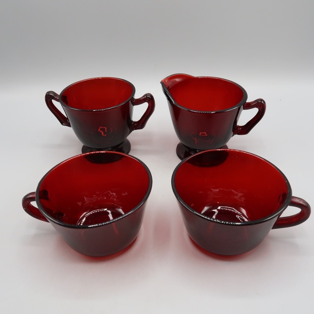 Vintage Anchor Hocking Royal Ruby Red Glass Footed Creamer Open Sugar Bowl Mugs